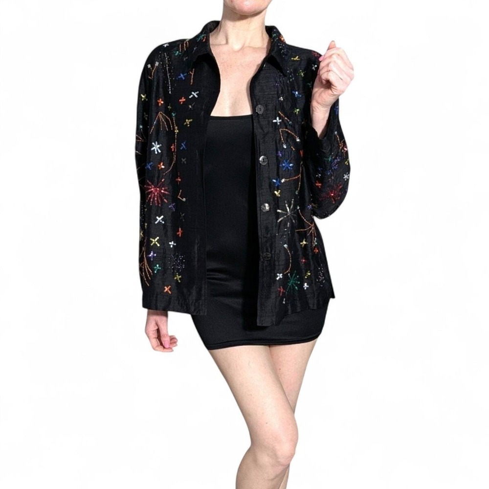 Chico's Design Vintage Silk Beaded Embroidered Jacket Y2K Multicolor Fireworks L